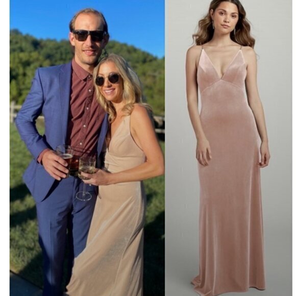 Jenny Yoo Dress Melanie Maxi Gown Bridesmaid V-Neck in Velvet Prosecco Cream